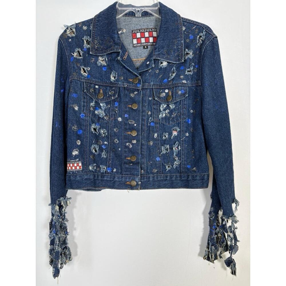 VTG Y2K Women’s Size M Distressed Ripped Neon Painted Denim Jacket Unique‎